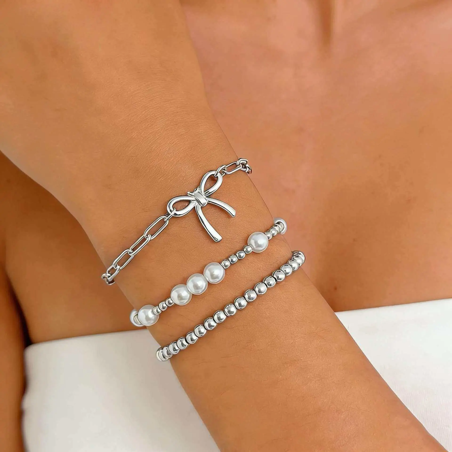 3PC Gold Silver Bow Knot Pearl Beaded Bracelet Set for Women • Coquette Balletcore Aesthetic Layering Jewelry