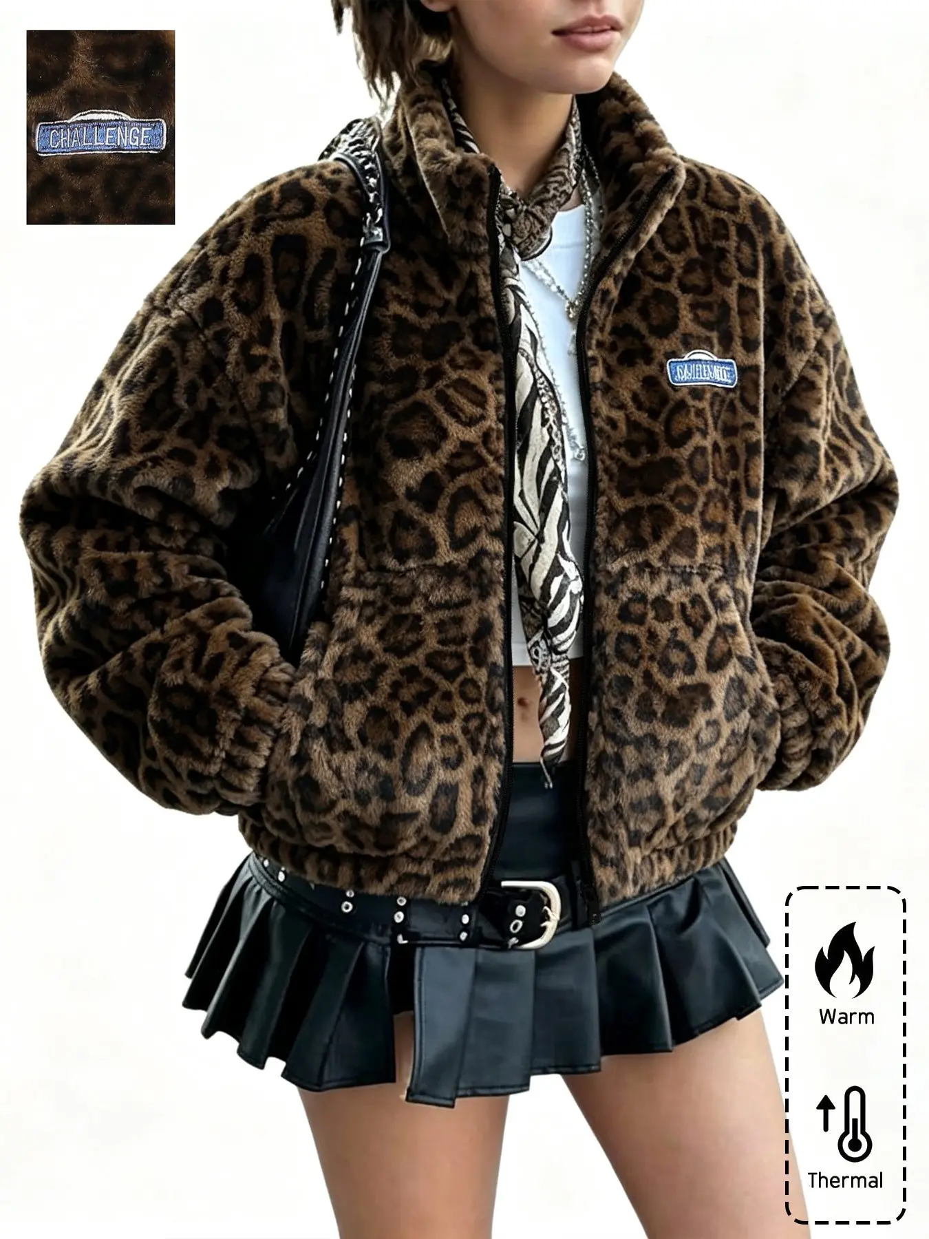 Women's Fall Winter Fleece Zipper Jacket, Vintage Leopard Print, Fashionable Winter Coat, Soft Comfortable Material, Ideal for Cold Weather