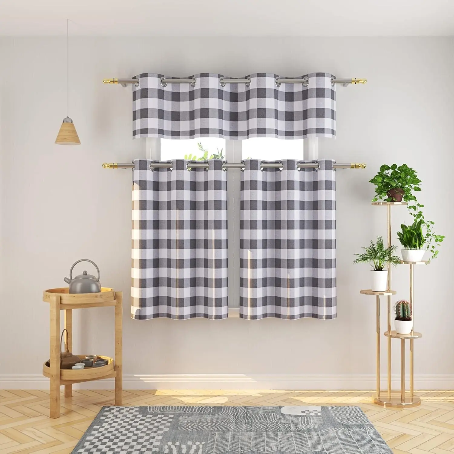 3 Pc Cotton Classic Country Farmhouse Kitchen Window Curtain Grommet Top -Grey & White Buffalo Check Tier & Valance Set, 54" x 18" / 32" x 30"