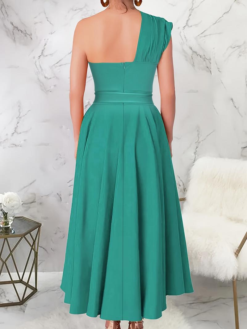 Women's Asymmetrical Neck Sleeveless Emerald Green Maxi Dress with Pleated Detail - Plain Solid Color Summer Golf Outfit