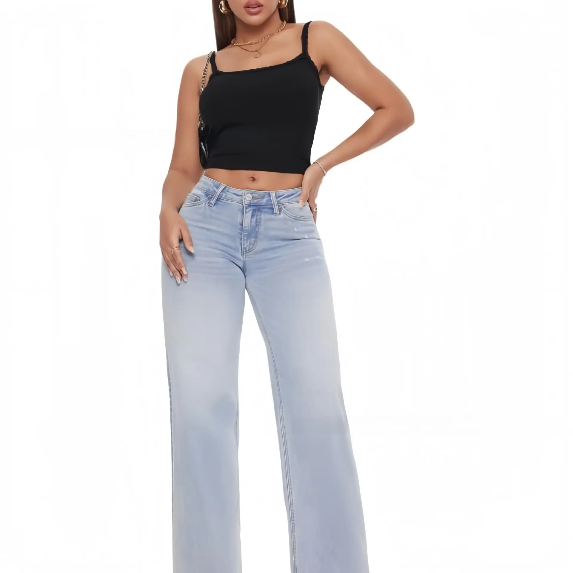 New Stretch Slim Wide Leg Jeans, High Waist Butt Lift Loose Straight Denim Pants