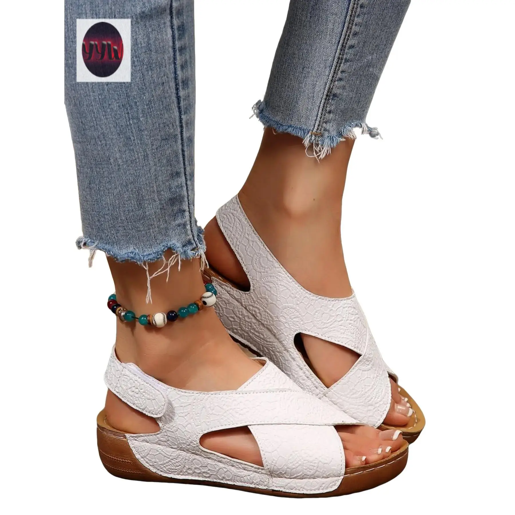 YYW1 Women's Textured Back Strap Casual Sandals, Band + Tape Adjustment, Fresh Comfort, Short Trip