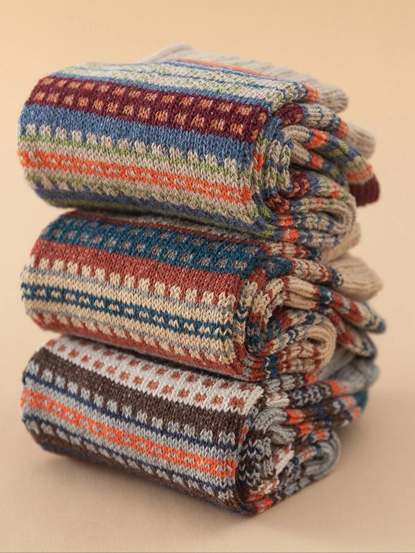 Women's Multicolor Colorblock Striped Print Crew Socks, Multipack Breathable Knit Mid Calf Socks for Women,  Women's Hosiery