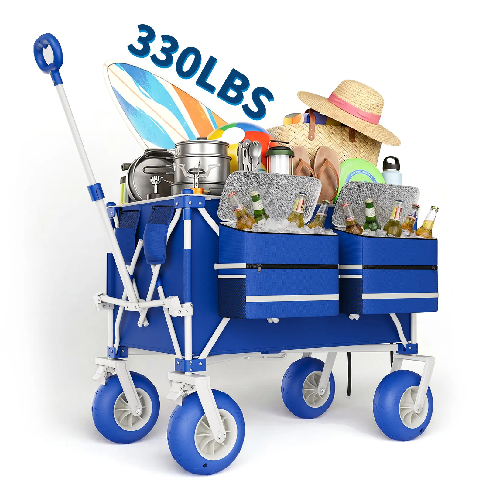 Collapsible Beach Wagon Cart with 9" Inflatable All-Terrain Wheels, Heavy Duty Folding Utility Cart 330 LBS Load Capacity, Adjustable Pull Handle 600D Oxford Fabric for Beach Camping Sports & Garden