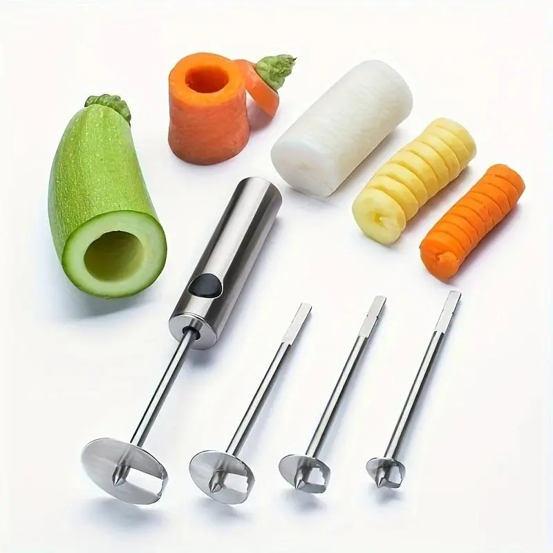 4pcs 304 Stainless Steel Vegetable Corer Set, Rotating Fruit Corer, Multi-Functional Kitchen Tools for Easy Food Prep