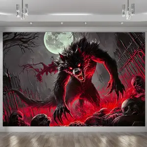 Gothic Werewolf Red & Black Tapestry, Dramatic Halloween Party Backdrop, Spooky Room Wall Decor Banner, Horror Theme Photo Booth Prop
