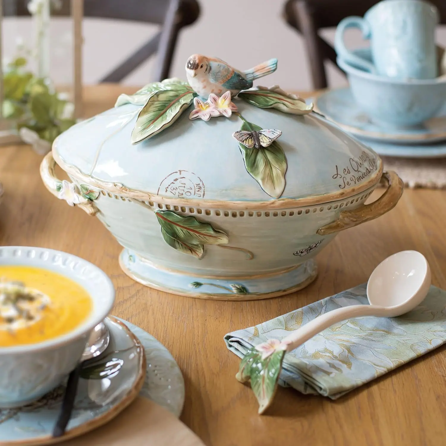 Fitz and Floyd Toulouse Modern 3.5-Qt Ceramic Blue Soup Tureen with Sturdy Handles, Bird Accent & Ladle - Kitchen Tableware Bowl