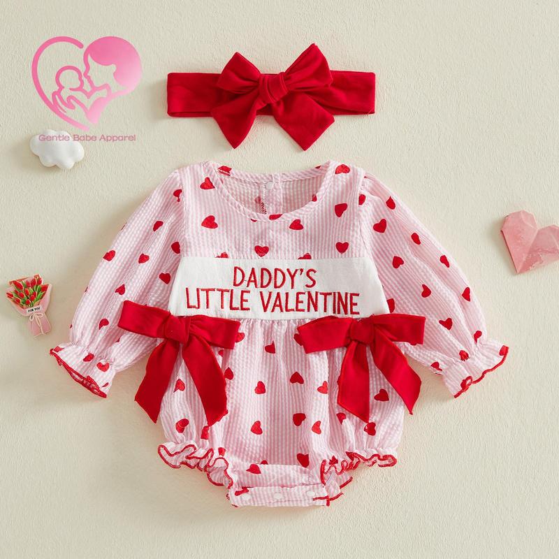 (90% Cotton) GBA Infant Baby Girl Valentines Day Outfit Long Sleeve Heart Letters Bow Romper with Hairband Spring Clothes 0-18 Months