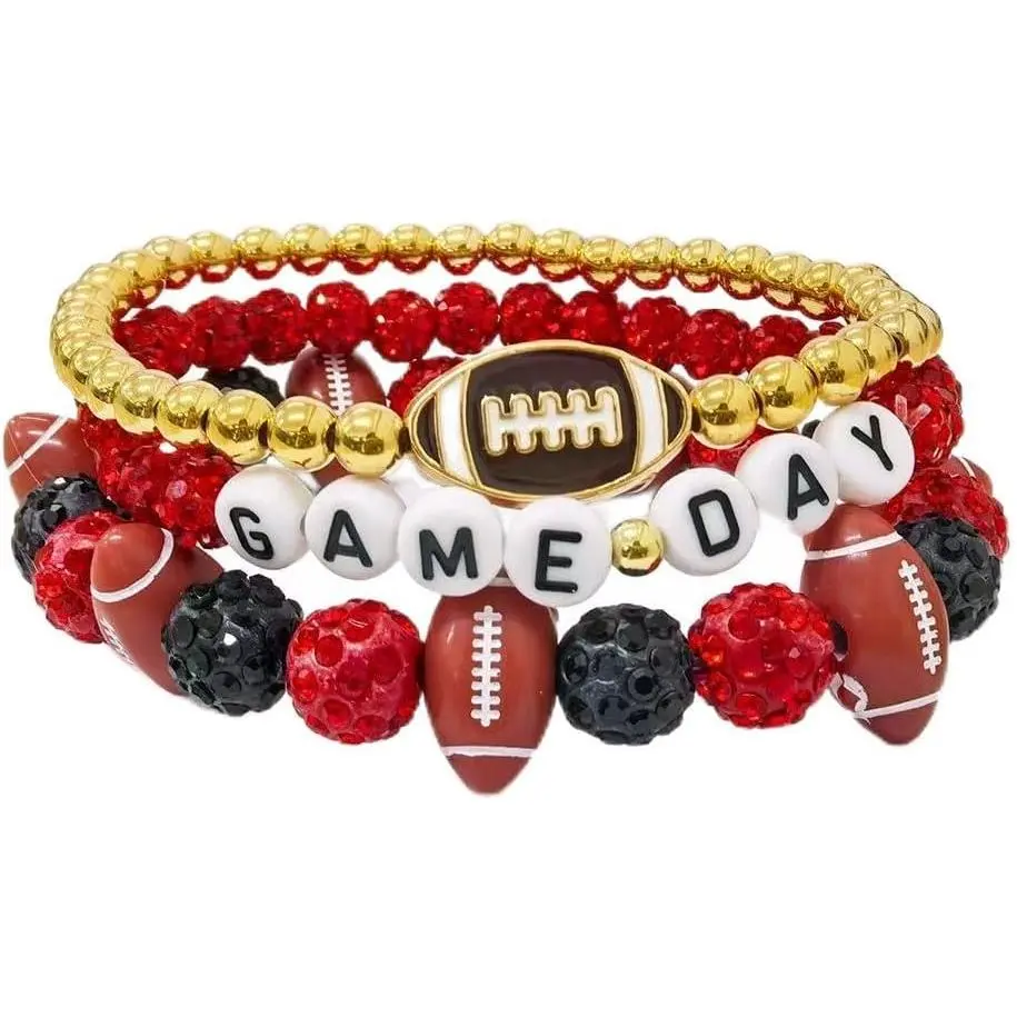 Stackable Football Bracelet Set, Stretch Fit Heishi Clay Bead & Alloy Fan Accessories for Women, Men & Coaches, Game Day Father's Day Gift