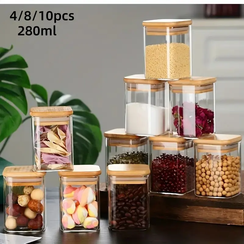 4/8/10pcs 280ML Square High Borosilicate Glass Reusable Airtight Sealed Jar, Glass Reusable Container Set, Sugar Jar, Cookie Jar, Transparent Food Storage, Kitchen Decor, Wedding Gift