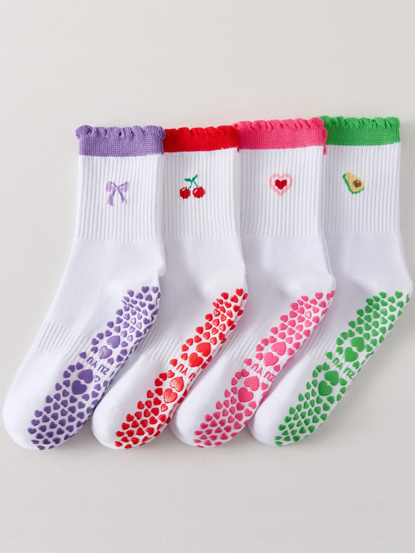 4 Pairs Cute Breathable Yoga Socks with Heart Design, Non-Slip Mid-Calf Socks for Pilates, Gymnastics, Workout, Daily Use, Athletic Socks, Grip Sports Socks, All Season Socks