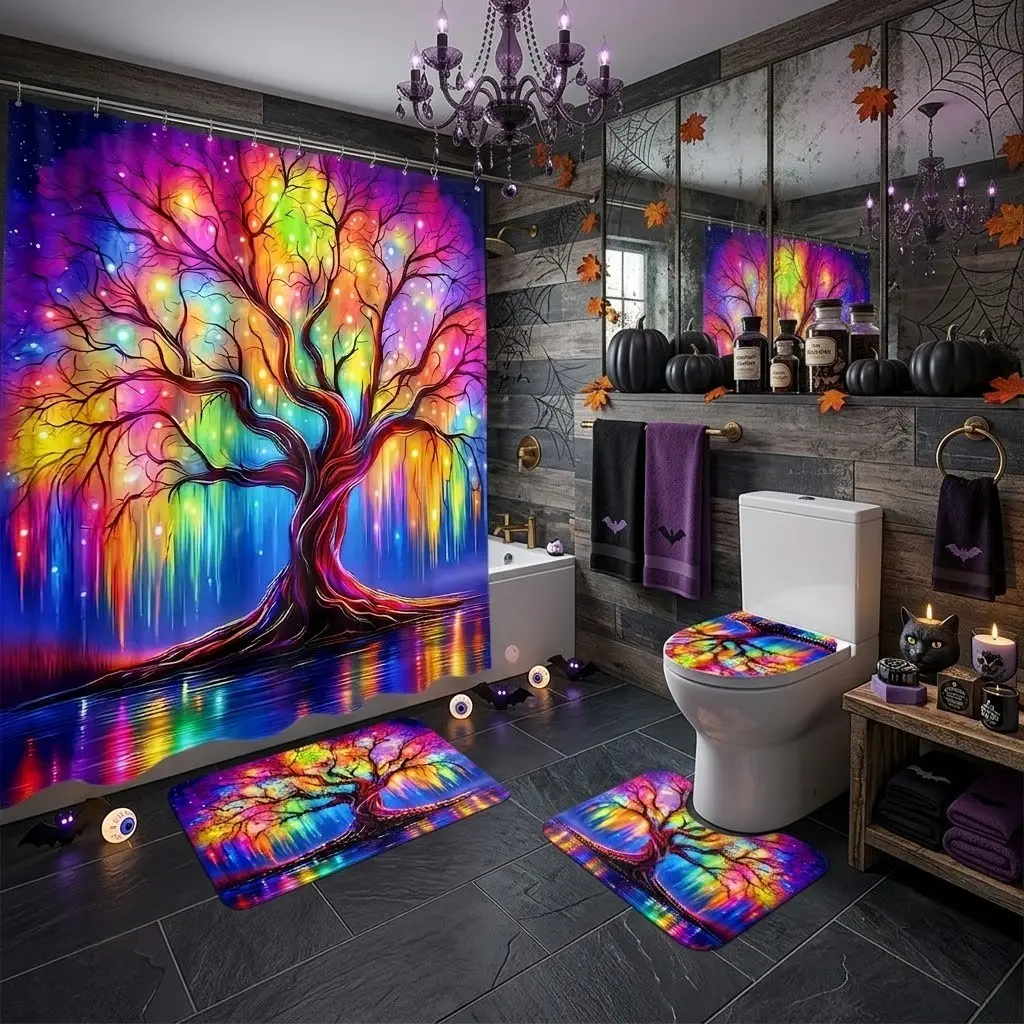 4pcs Magical Rainbow Life Tree Water Reflection Bathroom Shower Curtain Set, Neon Color Glowing Fantasy Forest Art Bath Mat & Toilet Seat Cover Combo, The floor mat fabric is thicker and softer! Mystic Halloween Witchy Decor for Shower Room