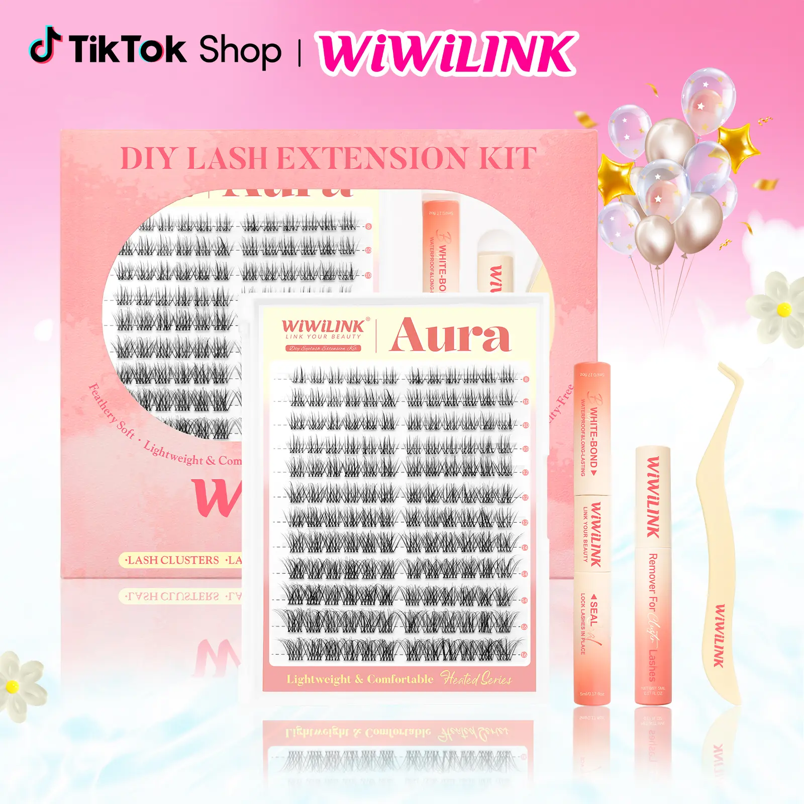 WiWiLINK Aura 3D Cluster Lashes - DIY Lash Extension Kit Ultra-Thin Transparent Bands, C/D Curl, 8-16mm (Includes Bond, Seal & Remover)