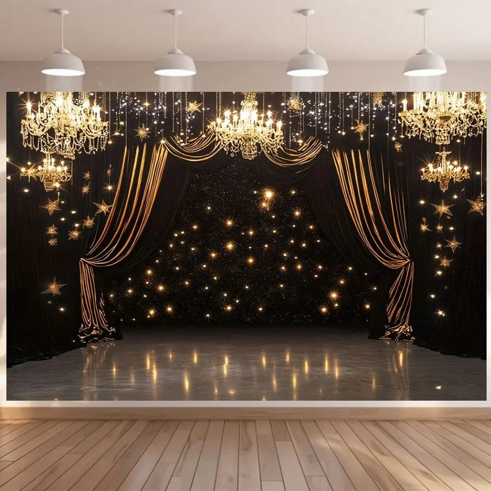 Luxury Gold Stage Backdrop, Crystal Chandelier Golden Curtain, Wedding Party Event Wall Photo Decoration, Indoor Outdoor Multi Sizes