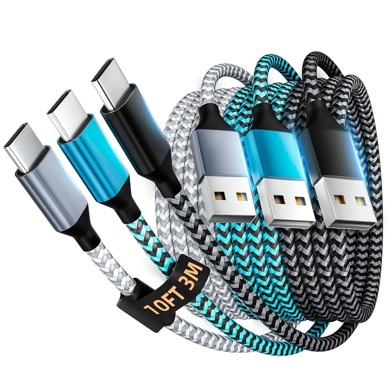USB to USB-C Charger Cords - 3-Pack 10FT Wired Cables for Mobile Phones & Electronics, Usb-C Wired Cables
