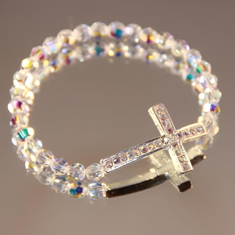 1pc Bohemian & Classic Style, Artificial Crystal Match Rhinestone With Cross Pendant Bracelet, Women's Delicate Jewelry Accessory For Daily Wear, Handmade Idea Gift Friends
