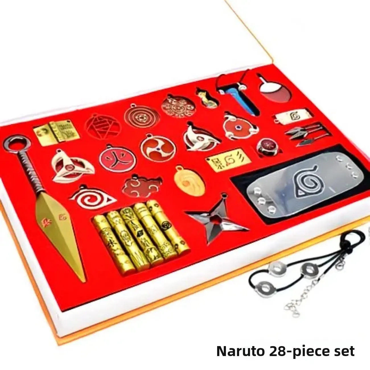 Naruto 28 Pcs Complete Cosplay Accessory Gift Box Konoha Headband Metal Kunai Shuriken Sharingan Akatsuki Pendant Rings Necklace Scroll Anime Ninja Prop Collectible Birthday Holiday Gift For Anime Fans