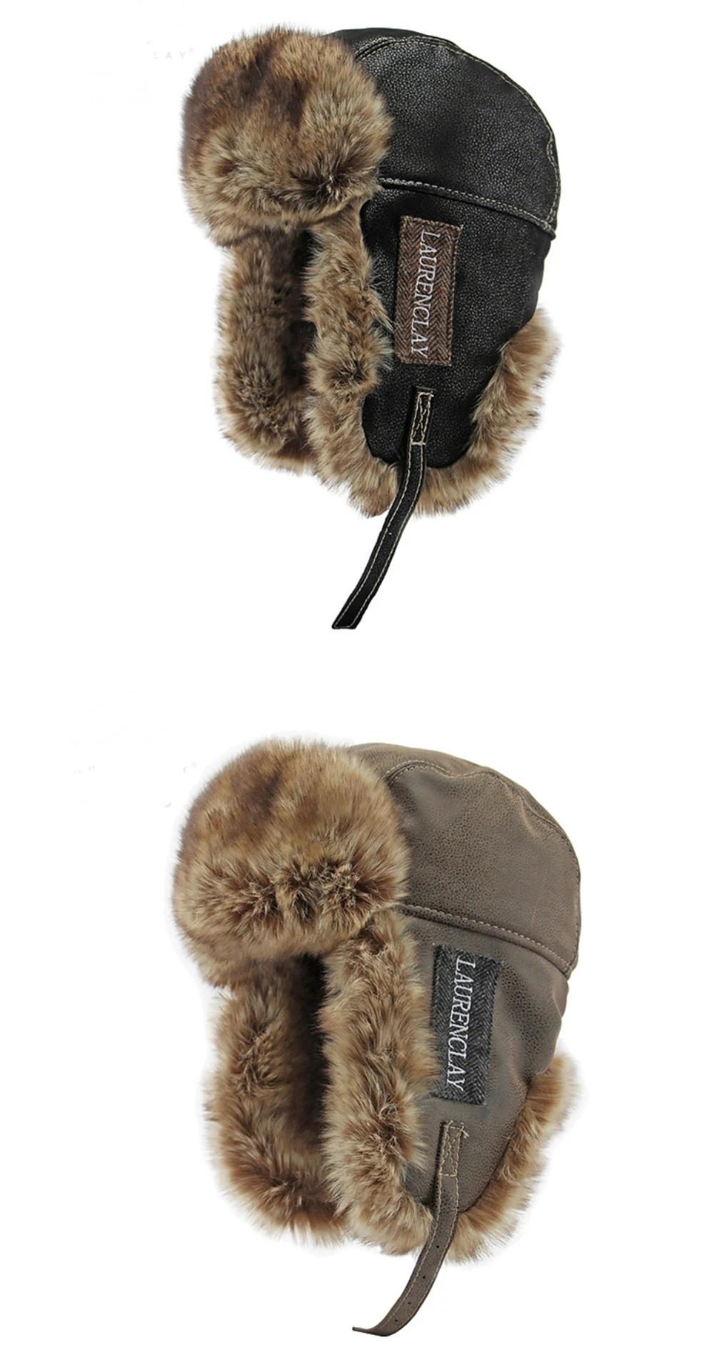 HT4241 Bomber Hat New Thick Warm Men Women Russian Fur Hat Male Windproof PU Leather Ski Trapper Earflap Cap Winter Hat Ushanka