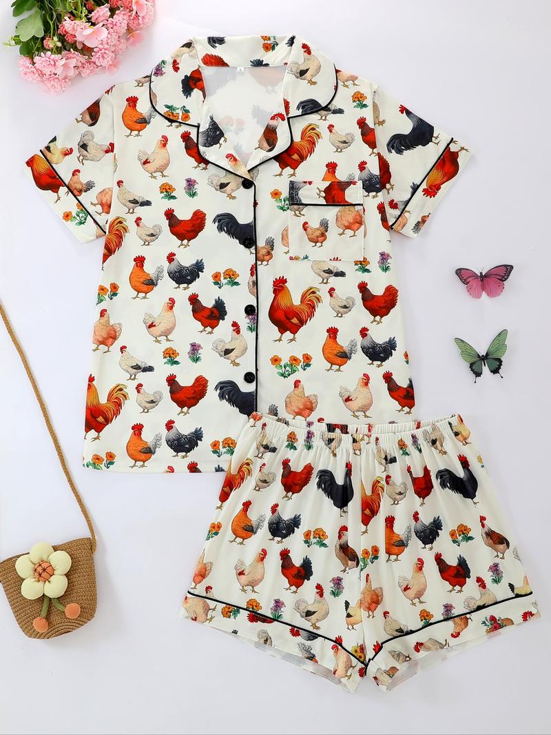 Women's Summer Cool Short Sleeve Sleepwear Set, 2 Piece Button Front Top and Elastic Shorts, Cartoon Chicken Print, All Seasons Comfortable Fit