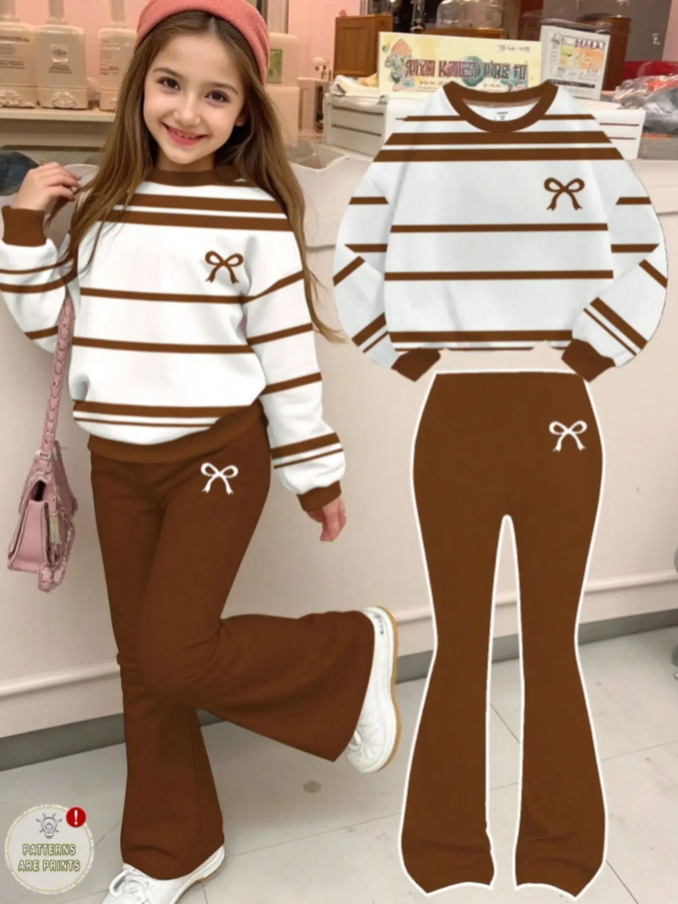 Girls Striped Cute Two-Piece Set, Fall Back-To-School Round Neck Sweatshirt & Bell Pants, Campus Fashion Comfortable, Daily Outing, Street Style