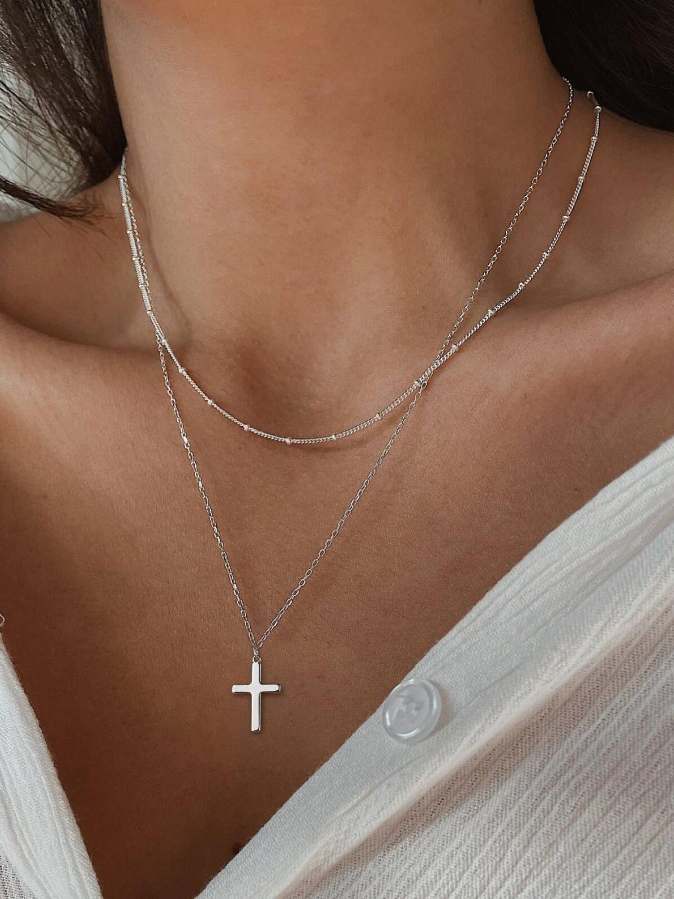 Simple Stainless Steel Cross Design Layered Necklace, Fashion Jewelry for Party, Daily Clothing Decor, Trendy All-match & Exquisite Jewelry for Birthday Gift