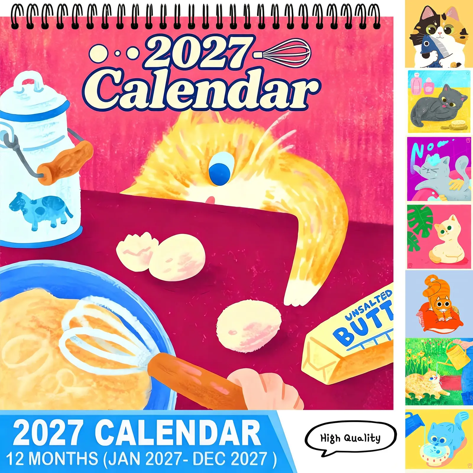 2027 Calendar Funny Mischievous Baking Cat 12‑Month Jan‑Dec Spiral Wall Calendar Retro Cute Cat Illustrations Novelty Home Desktop Decoration Gift for Cat Lovers,Aesthetic Calendar,Calendar Gift,New Year Calendar