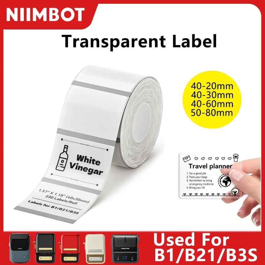 Niimbot Transparent Label Paper, Suitable for B1 B21 B3s Printers, Waterproof Self-Adhesive Tape Labels, Barcode Thermal Labels