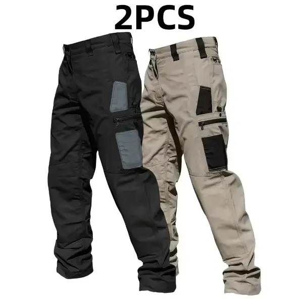 2-Pack Men's Tactical Pants, Slightly Stretchy Waterproof Fabric; 1-Pack Durable Hardshell Cargo Pants with Wear-Resistant Checkered Fabric, Suitable for Hiking, Casual Wear, and Work, Featuring a Multi-Pocket Design