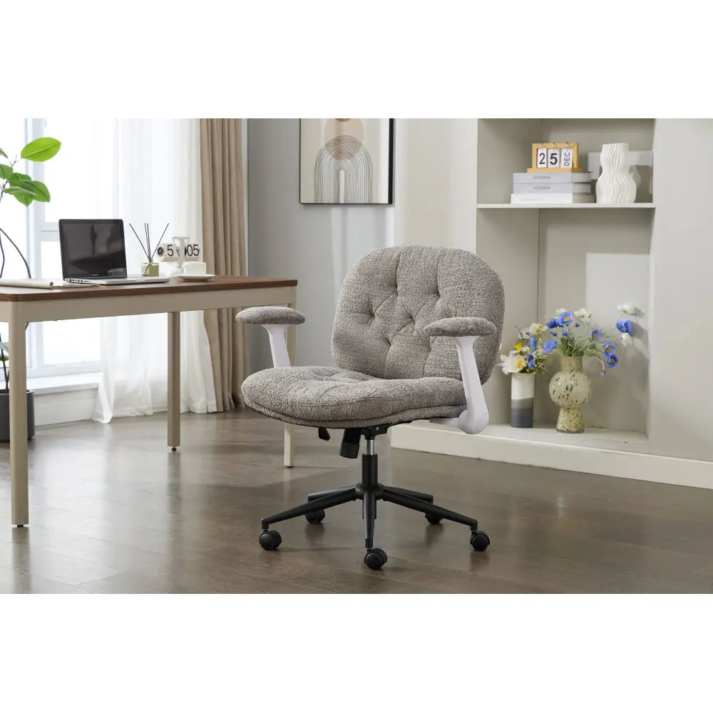 Cross Legged Office Chair with Flip Up Armrests, Wide Seat Armless Swivel Desk Chair, Adjustable Height Ergonomic Vanity Chair for Women, Comfy Makeup Chair with Thick Cushion, Modern Accent Chair for Bedroom, Home Office, Apartment, Grey