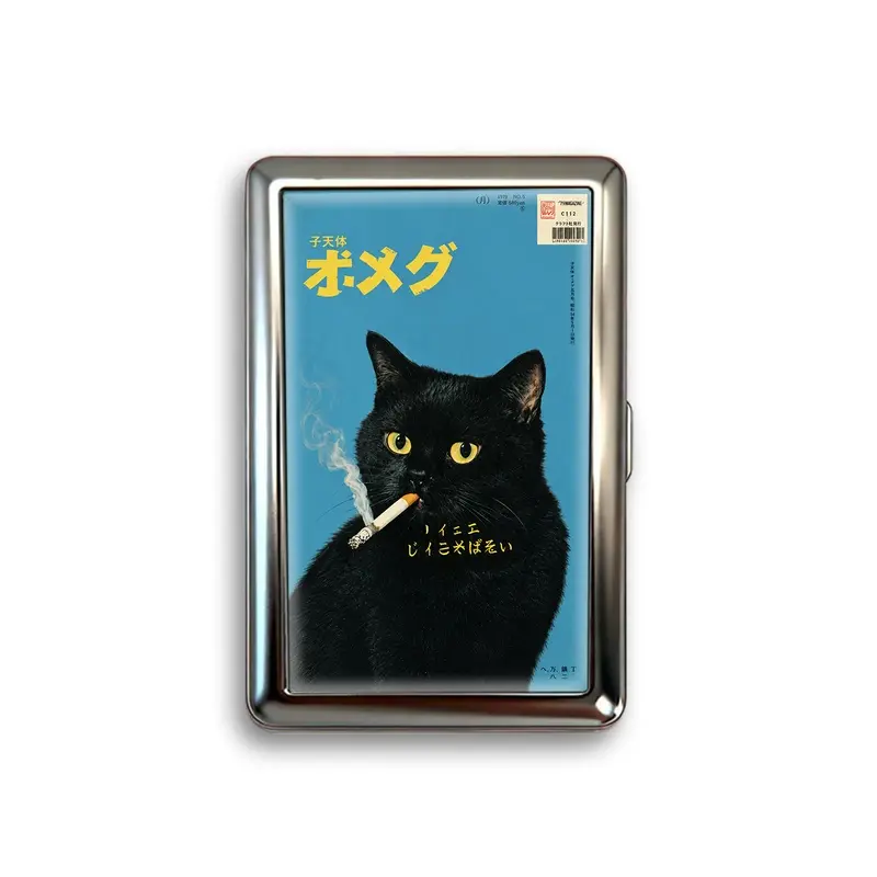 Vintage Japanese Black Cat Metal Card Holder, Retro Magazine Style Stainless Steel Business Card Case, Portable Pocket Organizer