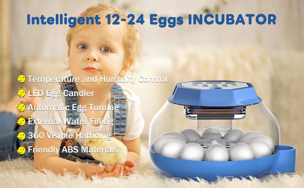 Automatic Egg Incubator For 12-24 Eggs, With Temperature & Humidity Control, Auto Egg Turning, 360 °   View Window For Chicken/Duck/Quail/Turkey Eggs (Built-In Candler & Quiet Design)