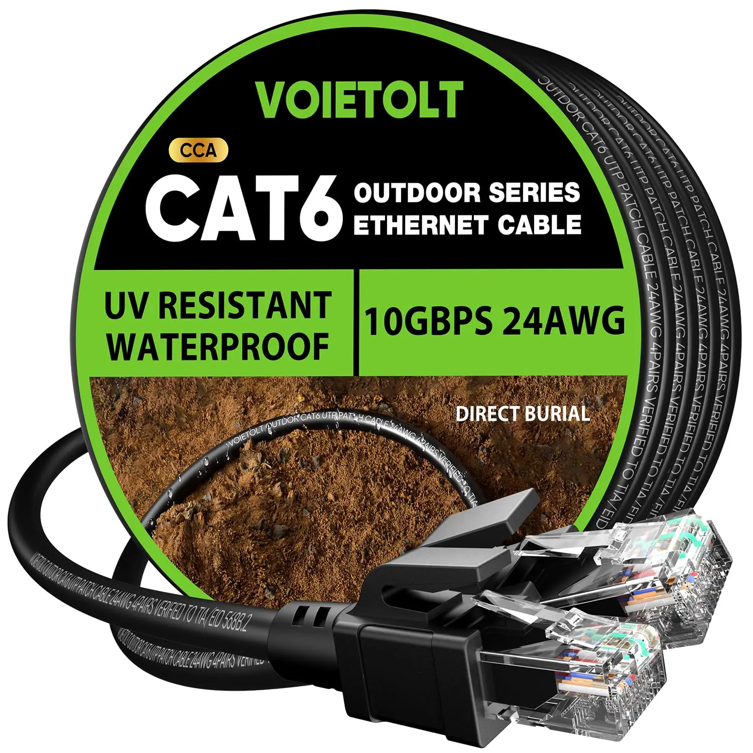 100ft Outdoor Cat6 Ethernet Cable 24AWG 10Gbps Waterproof Direct Burial LLDPE UV Jacket Internet Network Cable with 20 Ties, Support POE CCA UTP for PC