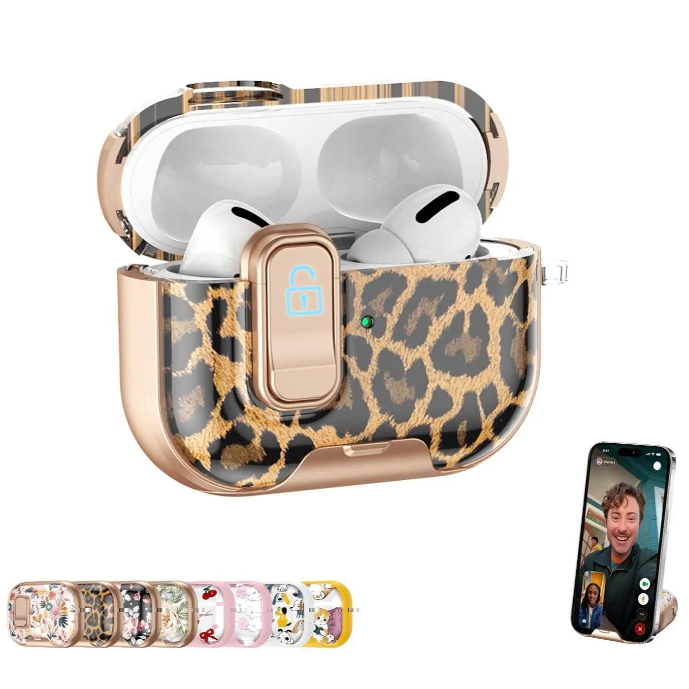 Case for AirPods Pro 3/2/1 & AirPods 4 with Secure Lock and Phone Stand, Cute Leopard Floral Bow Daisy Puppy Cat Print Shockproof Protective Cover with Keychain for Women and Girls