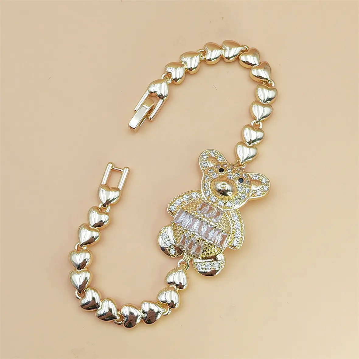 Women Cute Teddy Bear Bracelet 14K Gold Plated Heart Link Chain Full Paved Crystal Zircon Dainty INS Style Sweet Stackable Wrist Jewelry For Daily Party