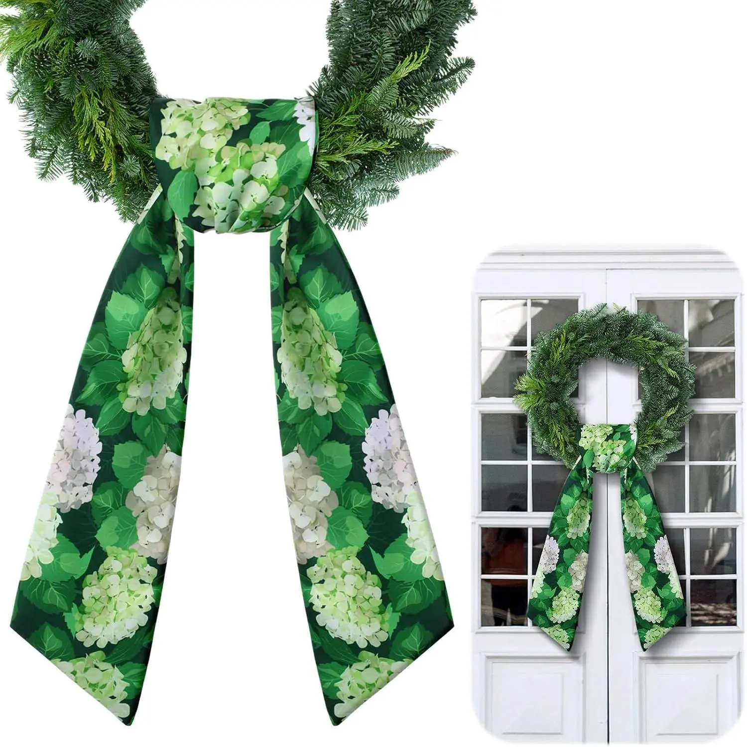 Hydrangea Wreath Sash for Front Door 4.5'' x 56'' Spring Summer Wreath Sash for Embroidery Monogrammed Yard Doorway Porch Wall Door Green Floral Ribbon Bow  Decor Indoor Outdoor