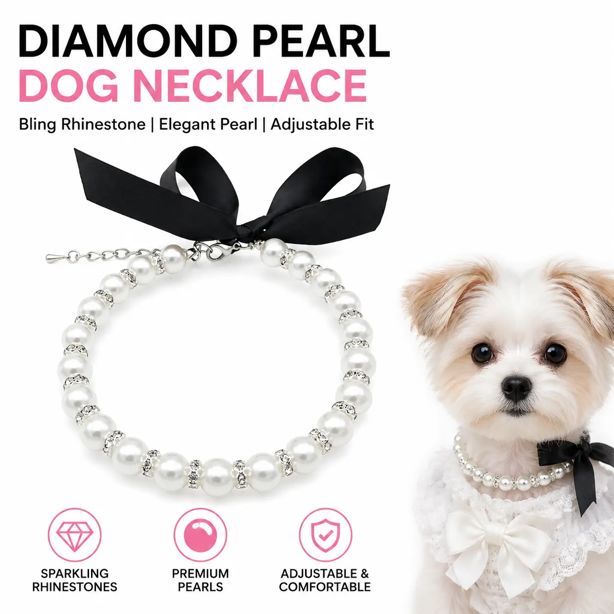 Bling Rhinestones Decorative Diamond Pearl Necklace for Small Dogs - Adorable Look Costume Wear Collar for Chihuahua Yorkie Girl Pets (Snow White, Size S)
