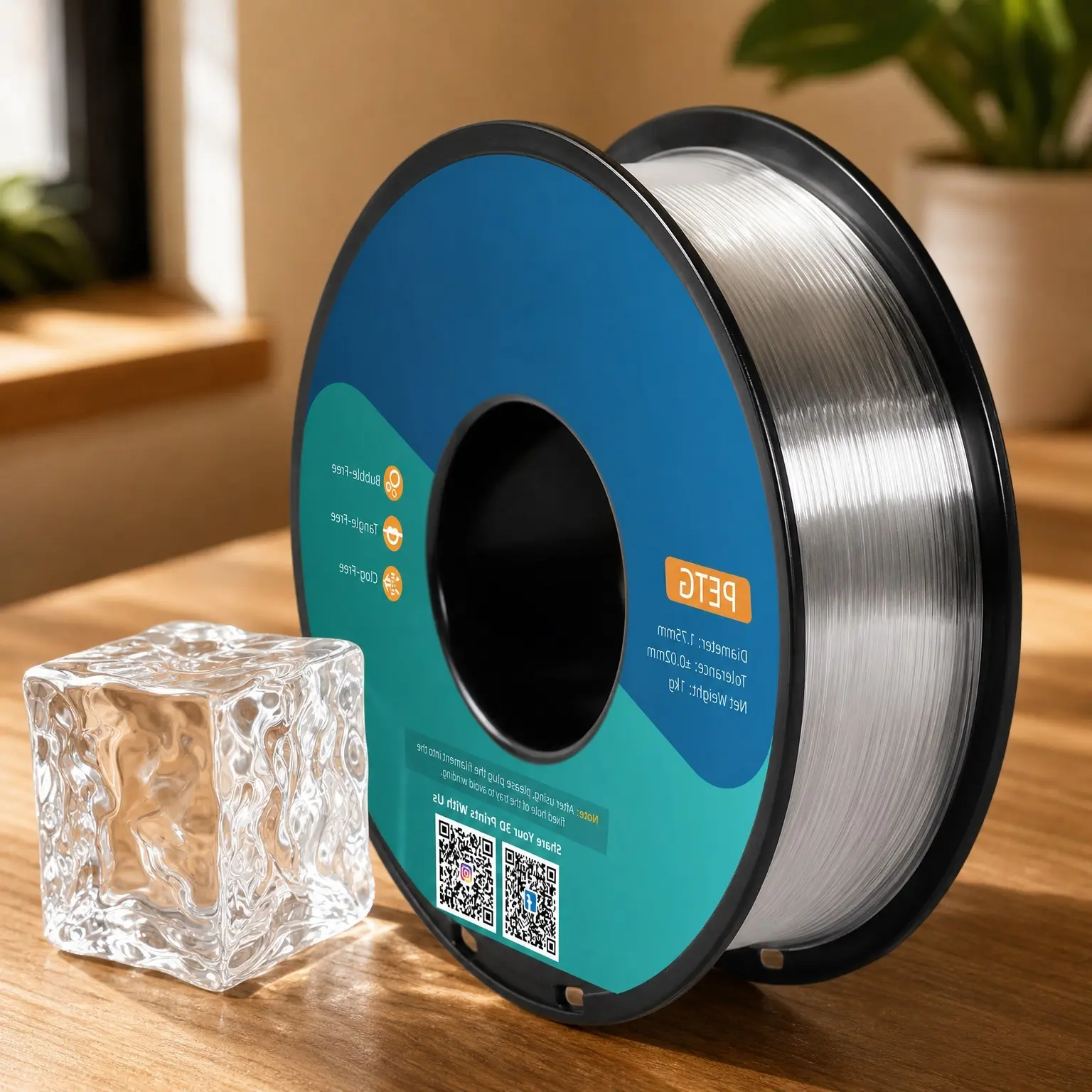 Clear PETG Filament 1.75mm for 3D Printer, Transparent 1kg (2.2lb) Spool, High Precision, Strong Toughness, Moistureproof, OdorlessGift