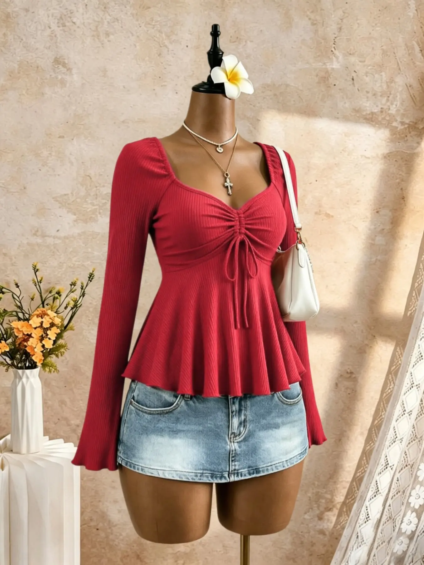Women's Long Sleeve Ruffle Top, Heart V Neck Front Tie Wrinkle Slim Fit Casual, Elegant and Comfortable Ladies' Blouse