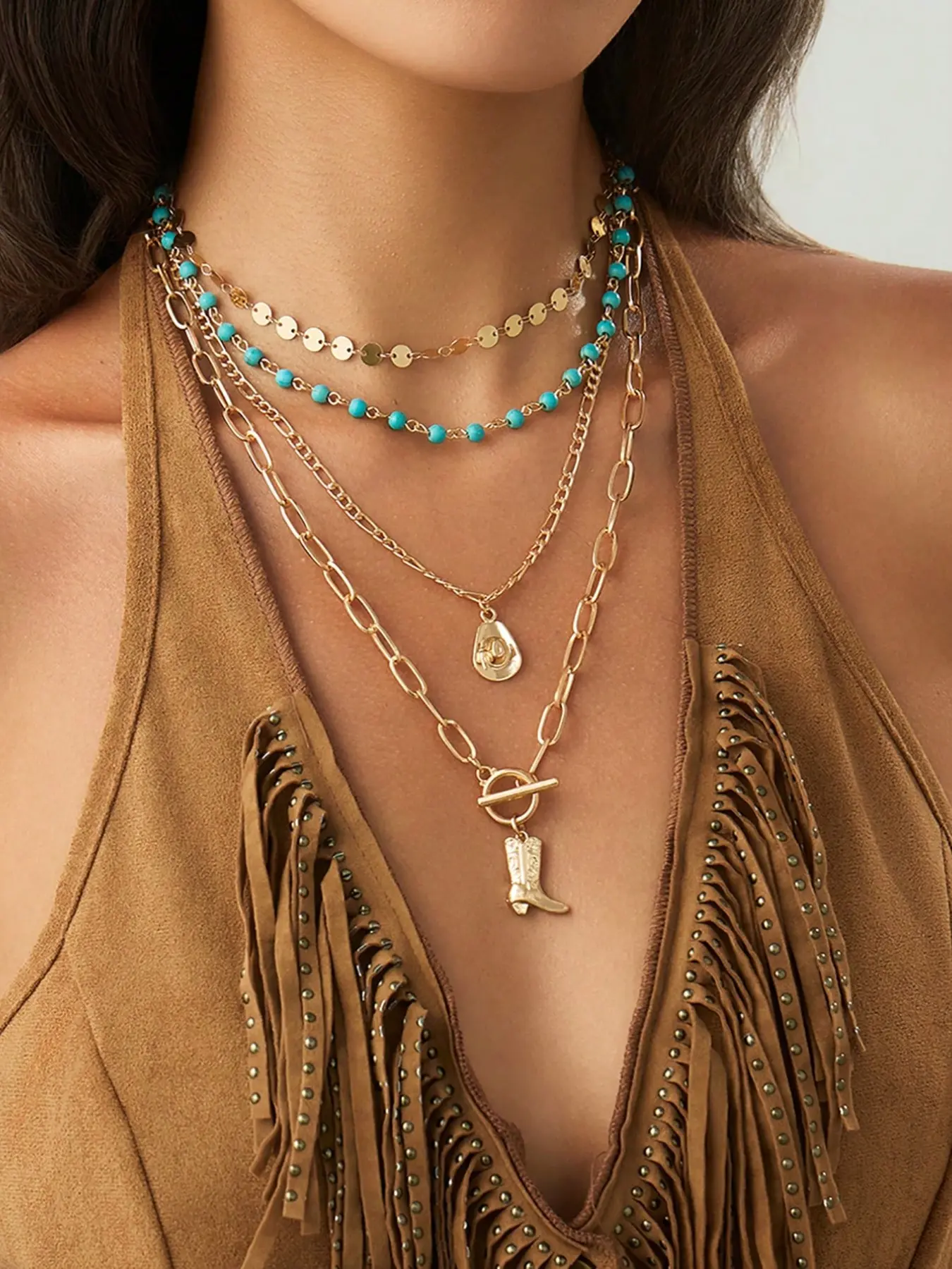 4-Piece Vintage Western Cowgirl Handmade Chain Set, Fashionable Women's Necklace Jewelry, Stacking Necklace, Perfect for Photos and Travel
