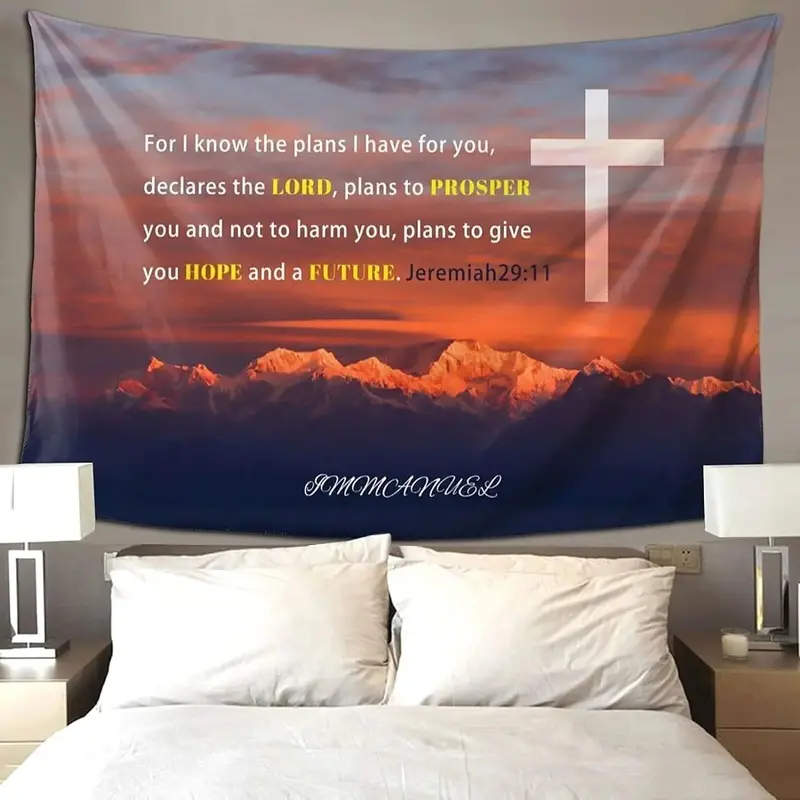 Christian Tapestry,Cross Prayer Tapestry with Mountain for Bedroom Aesthetic,Small Tapestry Serenity Prayer Wall Decor Jeremiah 29:11 for Wall Hanging Room Decor Living Room