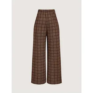 Elegant Wide-Leg Trousers - Brown Plaid (Beige/Tan) with Button Waist & Houndstooth-like Pattern, All-Season Machine-Washable Pants for Casual & Formal Wear, Structured Fit Trousers