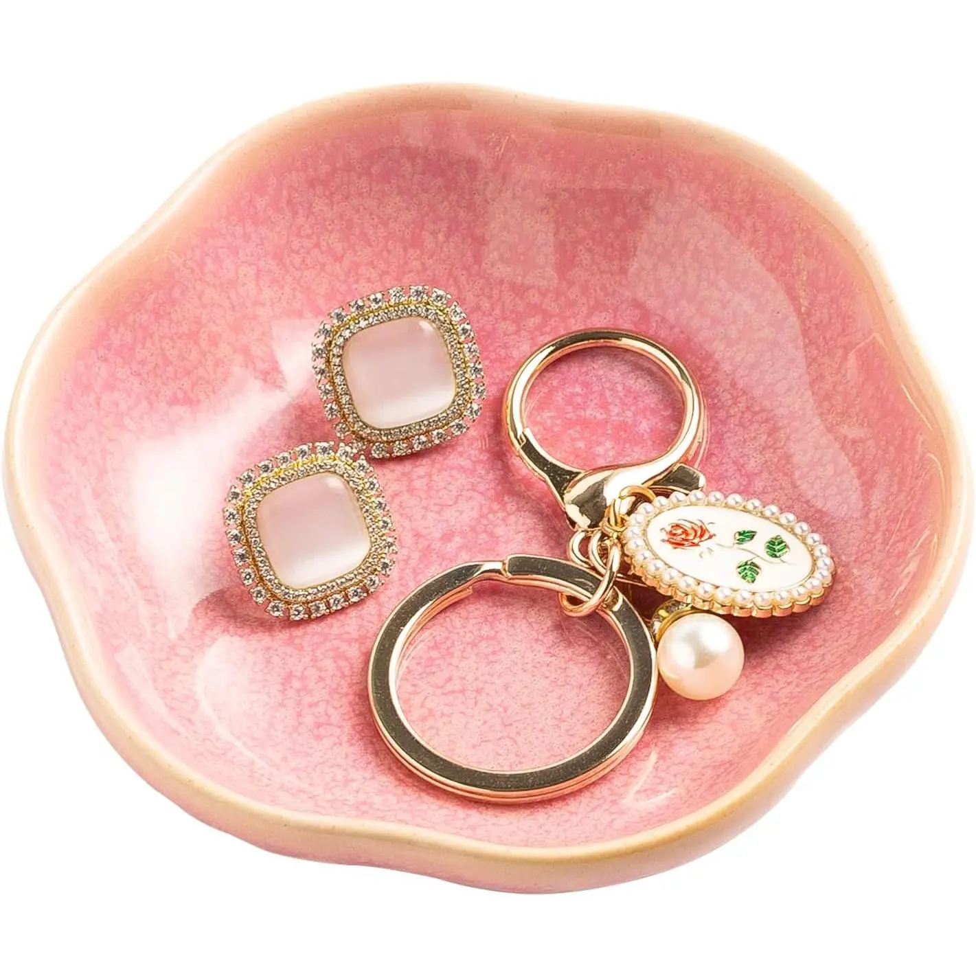 Ceramic Ring Dish, 4.3 in Flower  Tray with Raised Sides | Deep flower shape helps hold  small items and reduces the chance of  sliding out.
