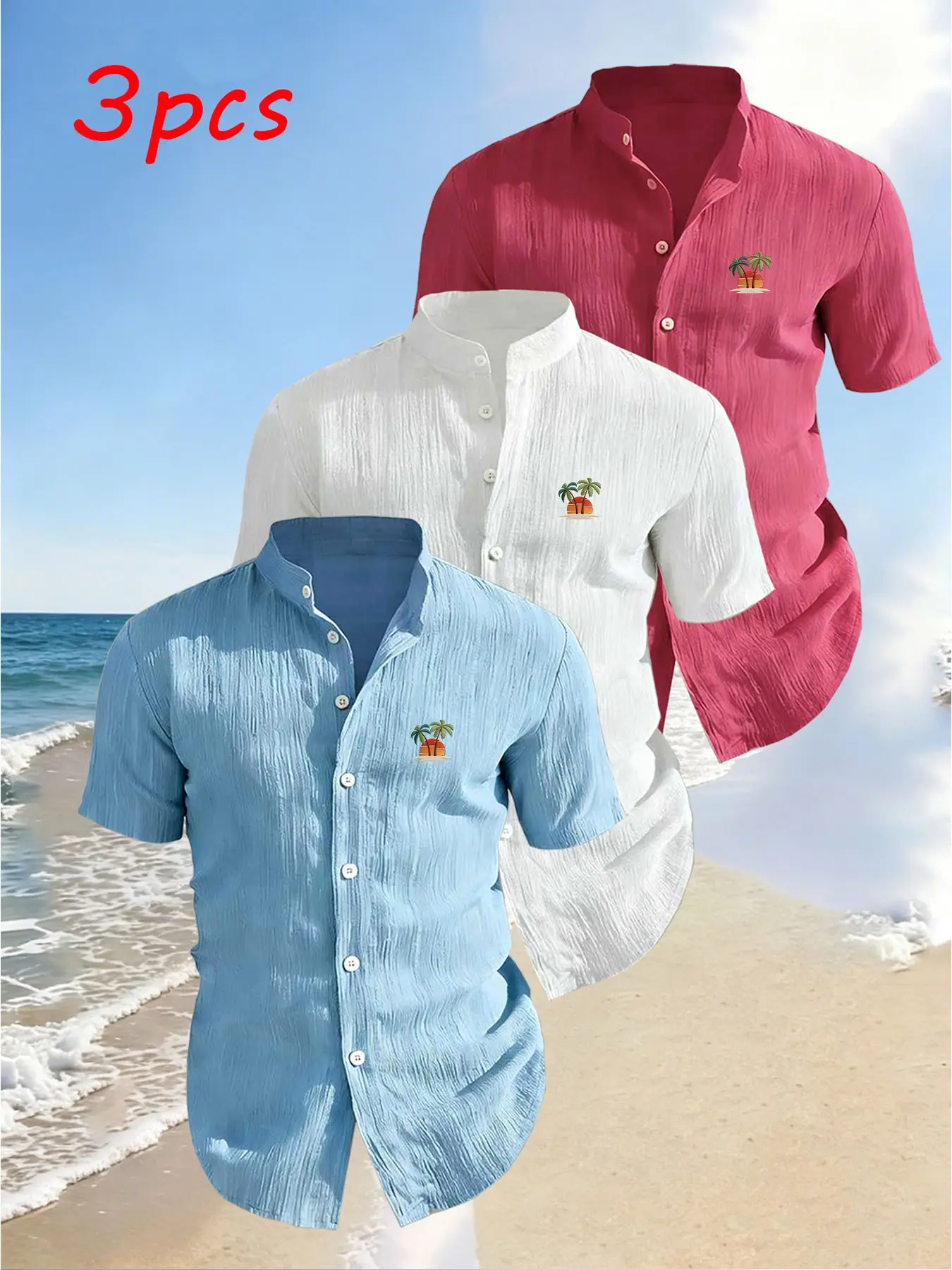 3-Pack Men's Summer Short Sleeve Casual Printed Shirts, Chest Print Design, Lightweight Breathable Solid Stand Collar Button Shirt, Ideal for Beach Poolwear