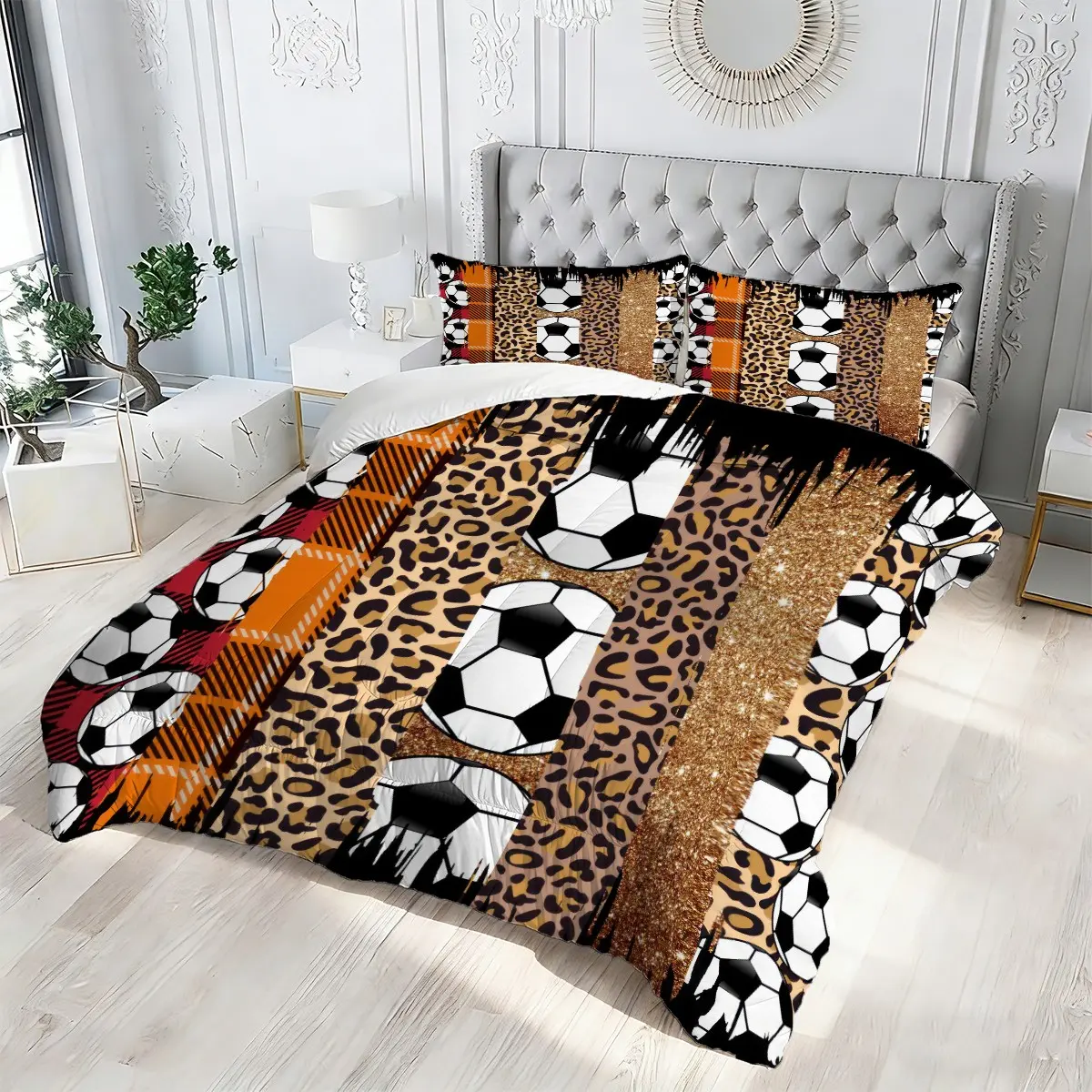 Vibrant Full Print Soccer Leopard Comforter Set, 2/3 Pcs Bedding Set, Pillow Inserts Not Included, for Bedroom, Guest House, Urban Rental Apartment, Unique Cool Street Sport Masculine Home Accent