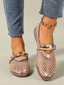 Women's Mesh Ballet Flats, Round Toe Breathable with Metal Buckle, Mary Jane Style for Casual & Office Wear, Casual Flat Shoes