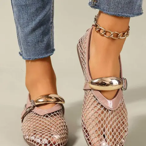 Women's Mesh Ballet Flats, Round Toe Breathable with Metal Buckle, Mary Jane Style for Casual & Office Wear, Casual Flat Footwear