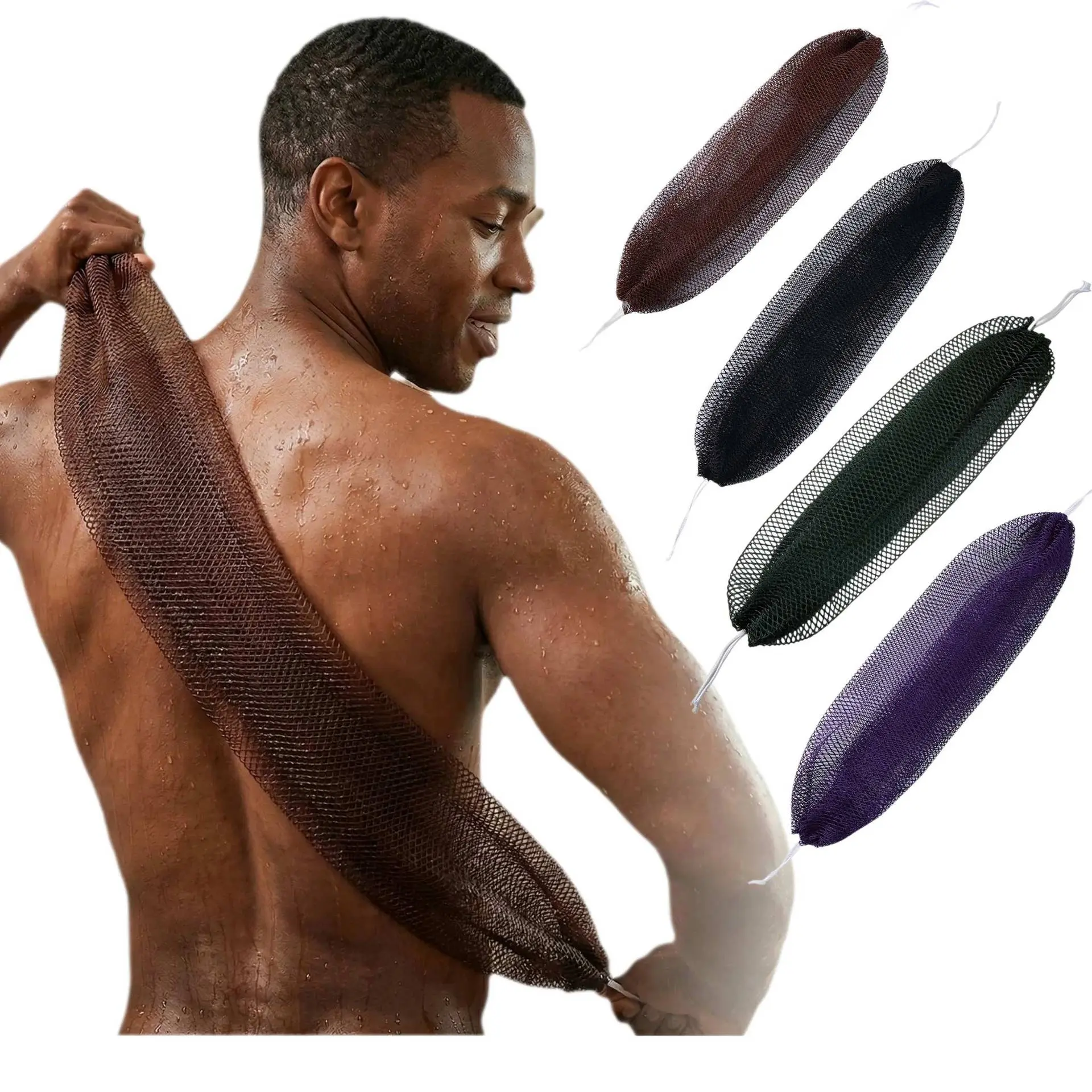 Durable African Fish Net Exfoliating Back Scrubber, Extra Rough Mesh Deep Skin Mud Remover, Long Handheld Pull Back Bath Strap, Professional Sauna Shower Accessory for Full Body Exfoliation