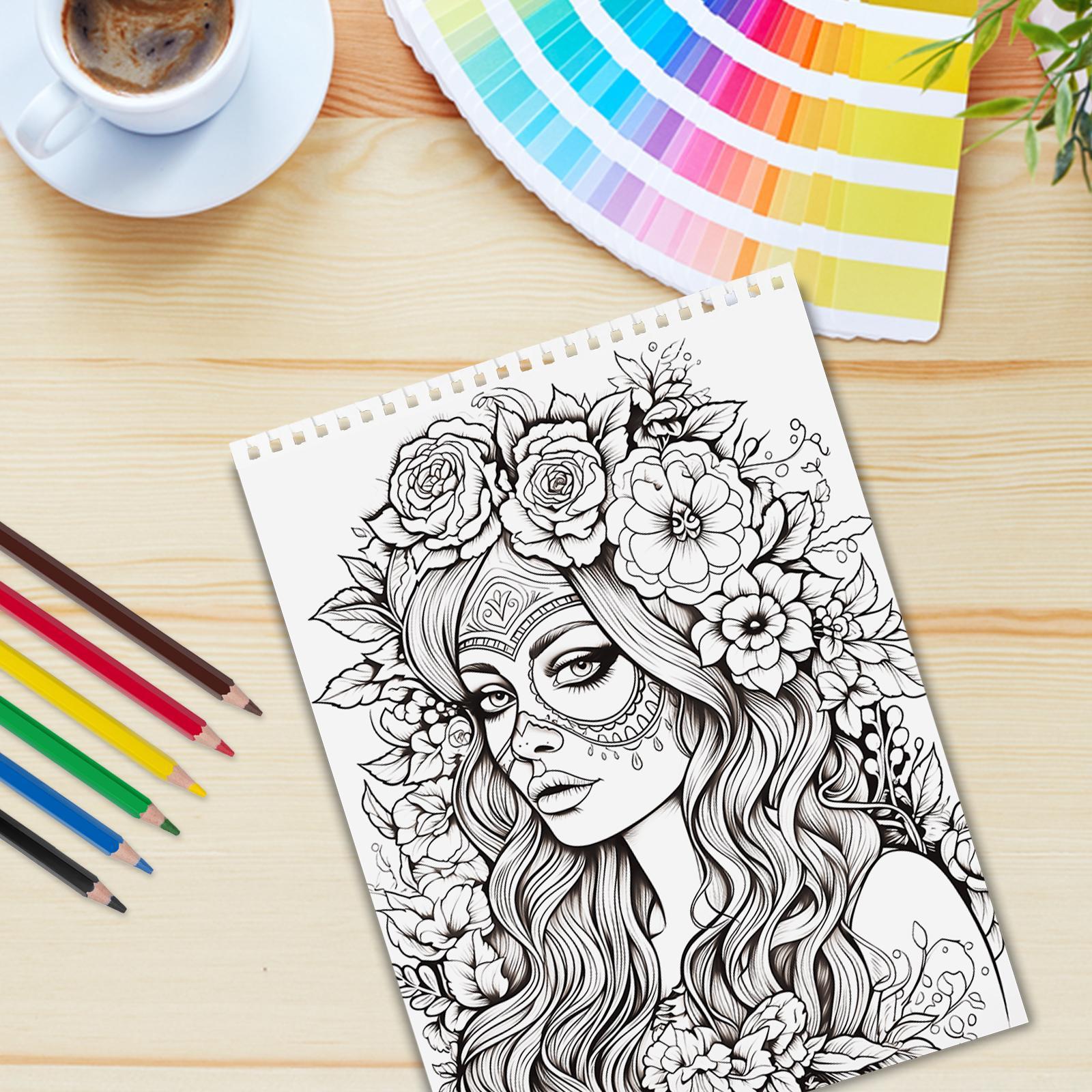 Sugar Skull Coloring Book, 24 Pages Thick A4 Paper, 11.22 X 8.26 Inches, Single Sided, Yo Spiral Binding, Perfect Gift for Holidays Sugar Skull Coloring Book, 24 Pages Thick A4 Paper, 11.22 X 8.26 Inches, Single Sided, Yo Spiral Binding, Perfect Gift for Holidays