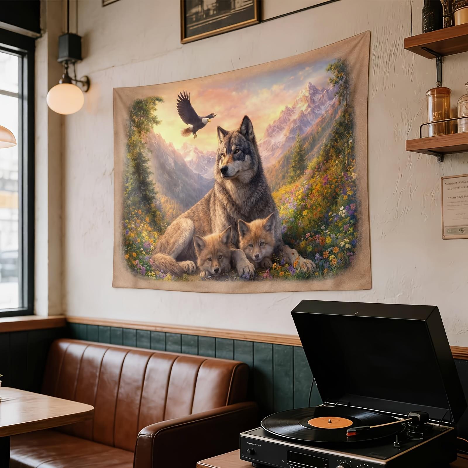 An Elegant Wall Hanging, Wolf with Cubs, Scenic Background, Ideal for Enhancing The Decor of Homes, Dormitories, And Bedrooms