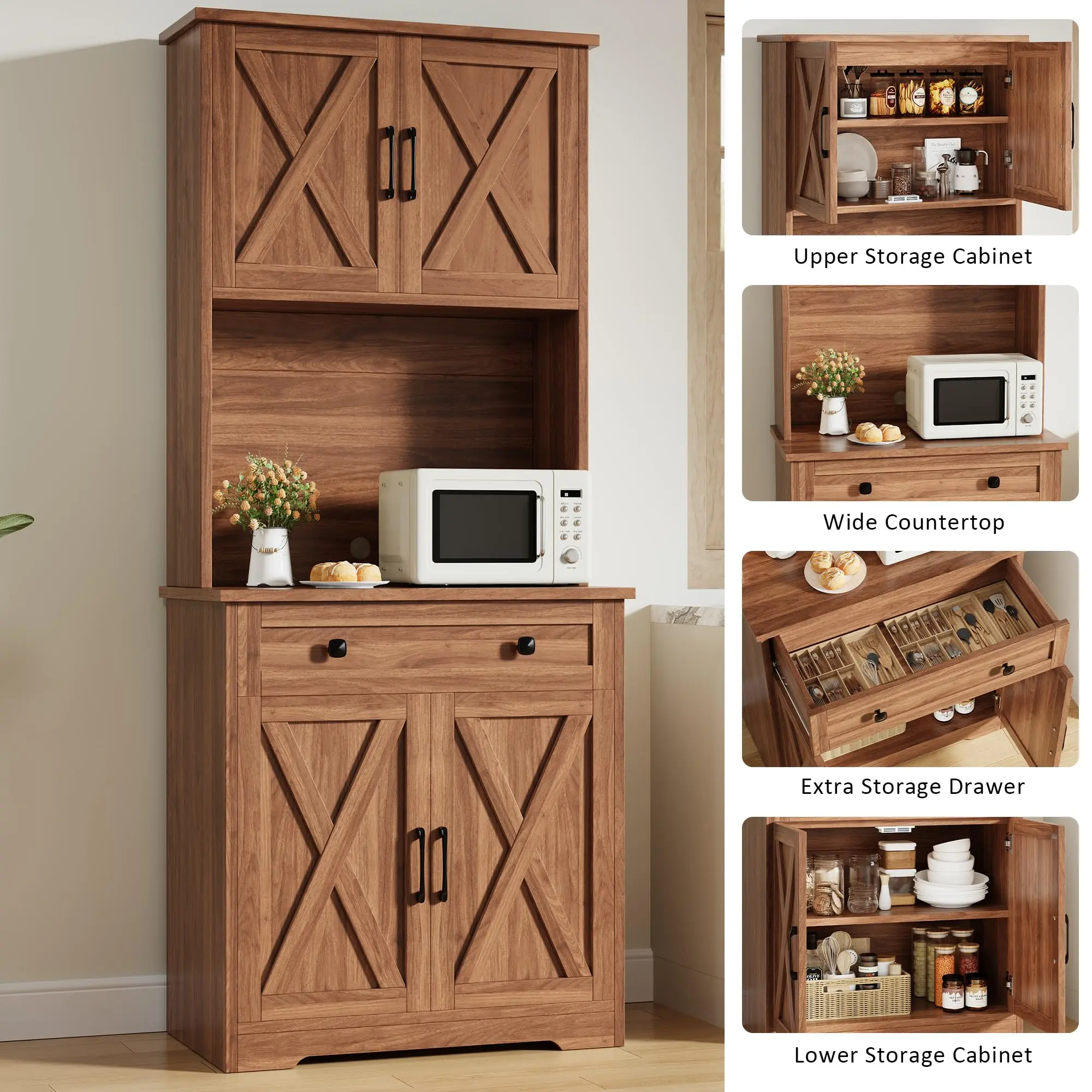 70.5 Inch Kitchen Hutch Cabinet with Power Outlets - Tall Farmhouse Microwave Cabinet Coffee Bar Station with 4 Barn Doors, Drawer, Charging Station for Dining Room Pantry